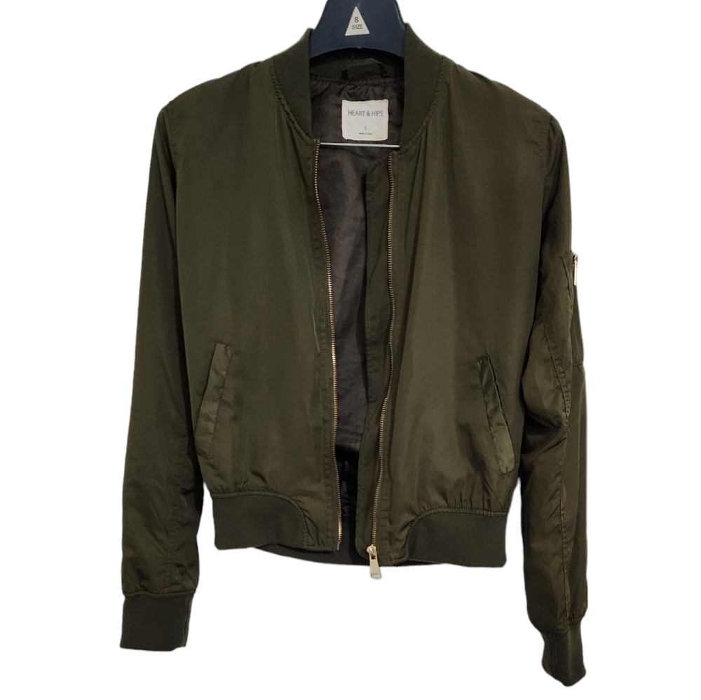 Forever 21 Heart & Hips Zip Front Army Green Bomber Jacket Small